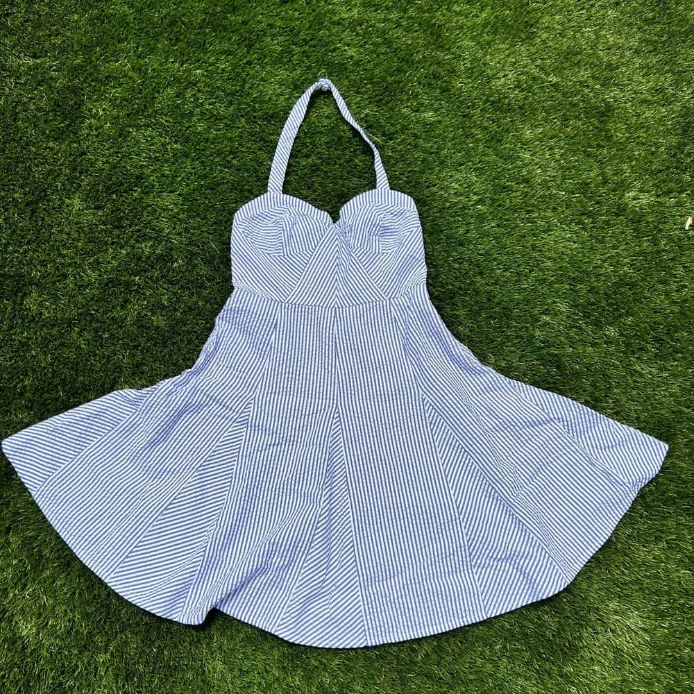 Navy & White seersucker Betsy Johnson halter flare dress